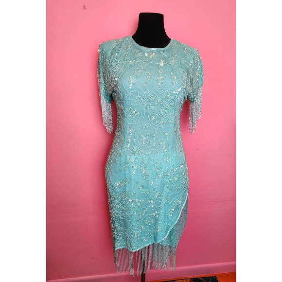 Vintage 1980's does 20's Silk Beaded Turquoise Asymmetrical Fringe Dress - Picture 4 of 10